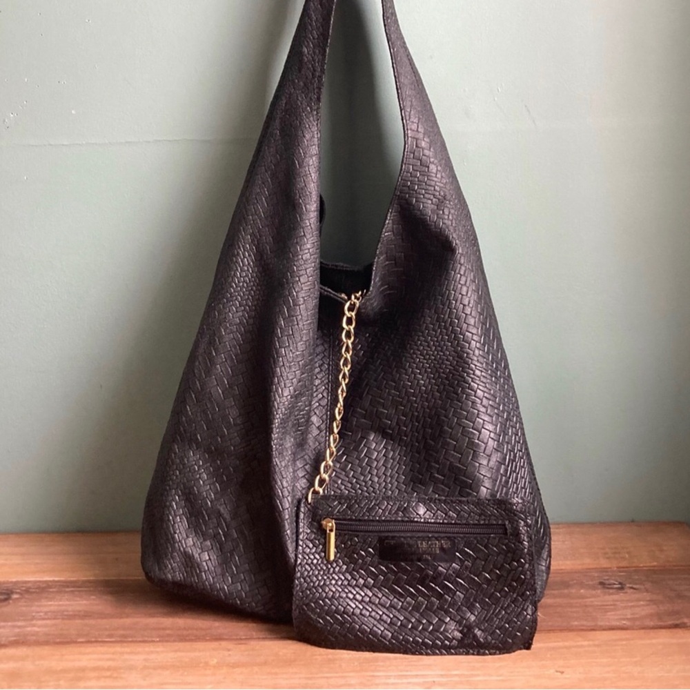 Persaman New York Black Hobo Bag with Gold Accent
